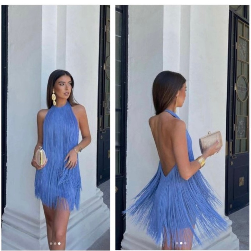 ZARA Blue Fringed Mini Dress 🩵 - Halter dress - BRAND NEW! Runs small 🌟